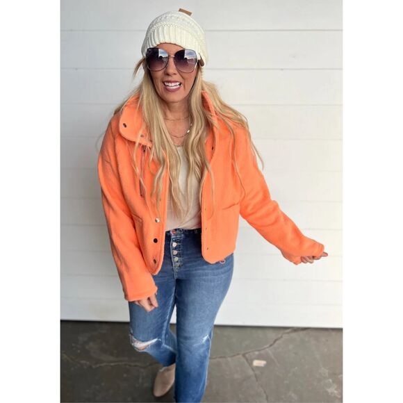 Pol neon orange Nellie Sherpa cropped snap button up jacket Medium - Picture 1 of 9